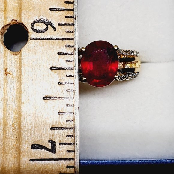 Ruby & White Topaz bridge ring in 14K Yellow Gold over 925 SS4.75 cts sz 5 - Picture 3 of 6